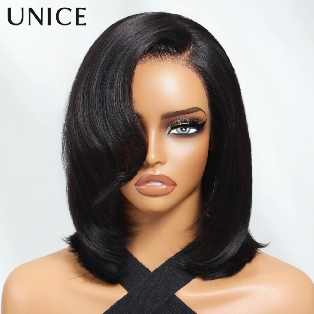 

UNice Bye-Bye Knots™ 7x5 Lace Glueless Human Hair Wigs Side Part Layered Bob Wig With Side-Swept Bangs 150% Density