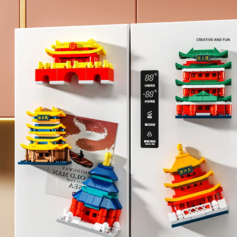 

China Building Blocks Yellow Crane Tower Building Scene refrigerator stickers DIY Assembly aldult children Toys home Decorations