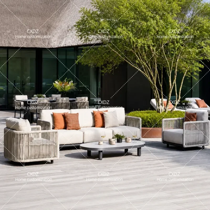 Outdoor Rope Sofa Set with Coffee Table Waterproof Sunproof Garden Courtyard Villa Balcony Leisure Furniture