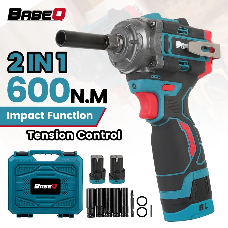 

BABEQ 2 IN 1 Brushless Electric Impact Wrench and Screwdriver 1/2Inch 600N.M Cordless Socket Wrench Power Tool Lithium Battery
