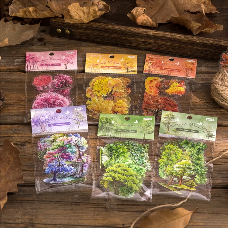Card Lover 40 Pcs [Tree Nature Series] Light Retro Green Plant Hand Tent DIY PET Sticker Paper Scrapbooking Material Kit