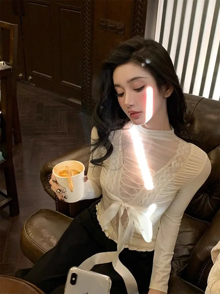 

Gagarich модная корейская блузка с длинным рукавом 2025 года, сексуальная сетчатая рубашка с глубоким v-образным вырезом и бантом, топ