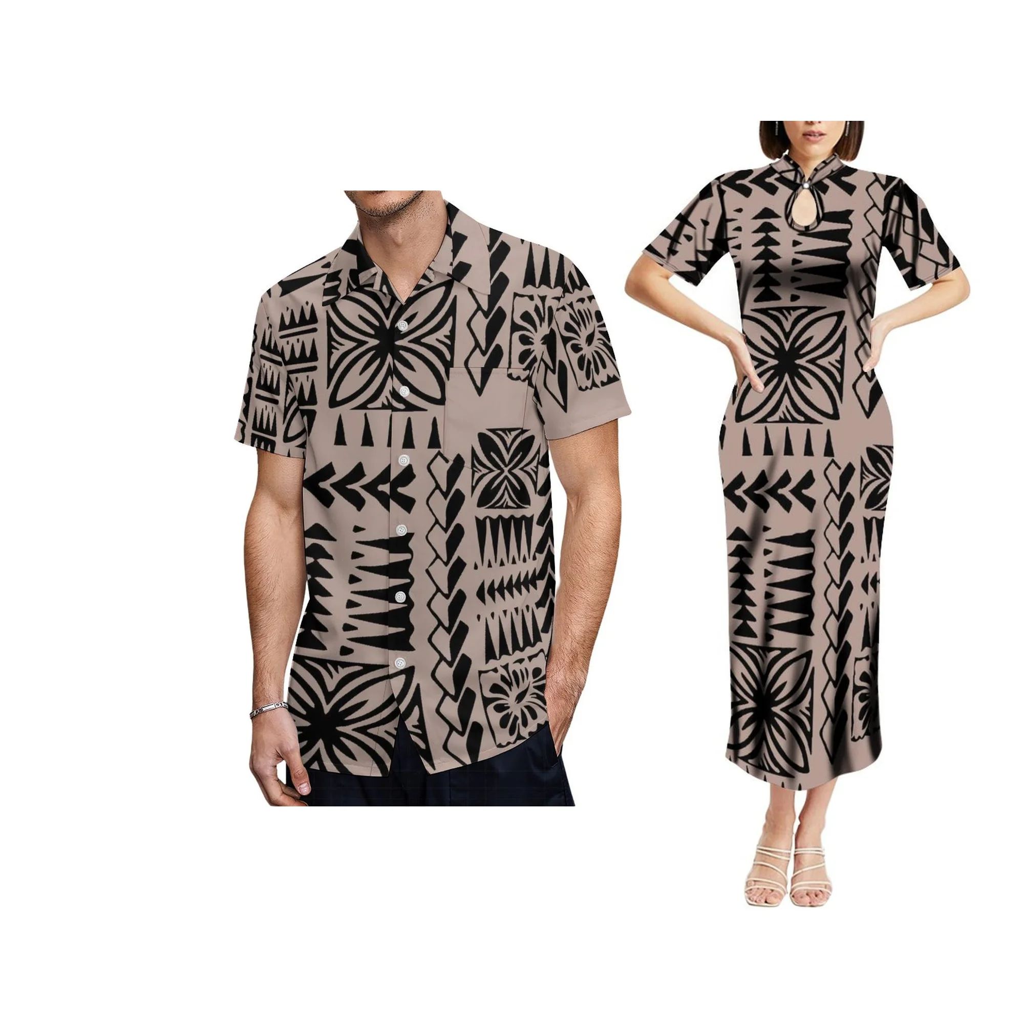 1 MOQ Hawaii Dress Polynesian Tribal Printed Mandarin Collar Water Drop Design Short Sleeve Summer Dresses Custom