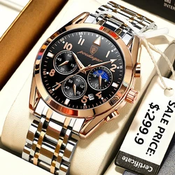 POEDAGAR Brand Luxury Moon Phase Quartz Watch for Men Stainless Steel Strap Waterproof Luminous Sport Chronograph Men's Watches