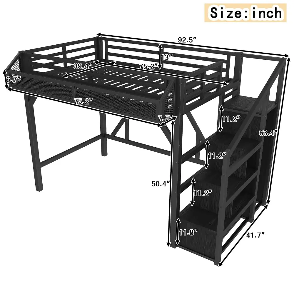 Twin Loft Bed Storage Stairs Shelves Wardrobe Metal Frame USB LED Lights Noise-Reduced Black MDF Twin, Customized image 2