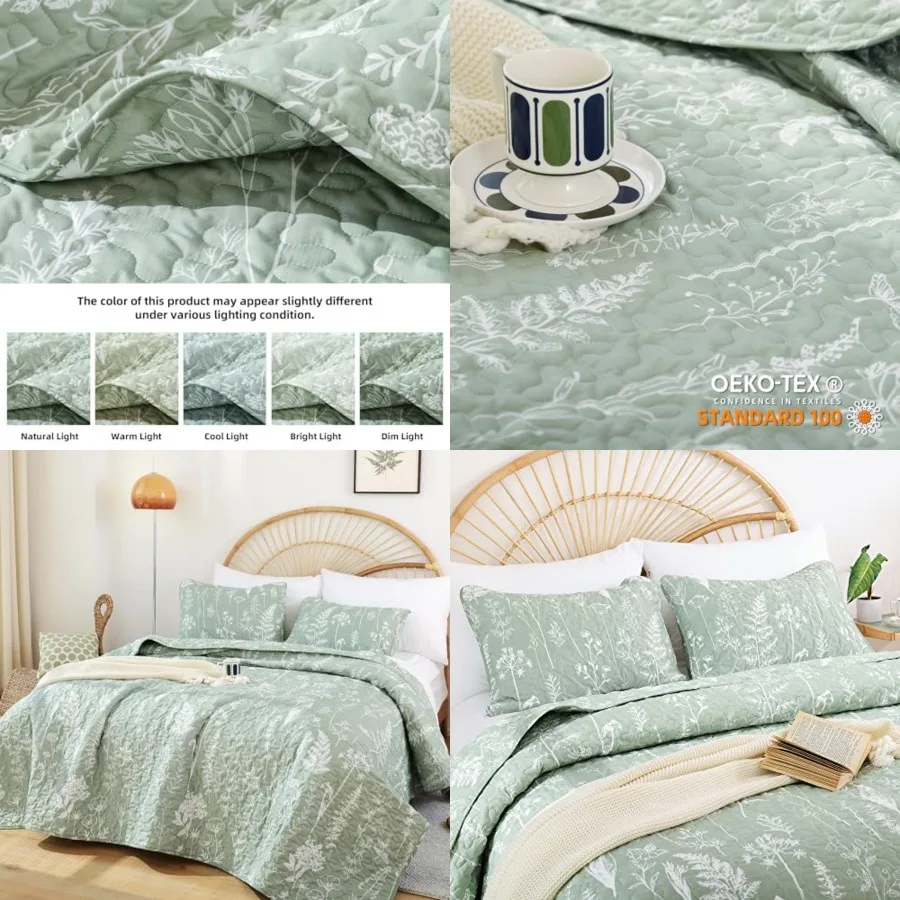 

Quilts Queen Size Quilt Botanical with Floral Pattern Microfiber Bedspreads Queen Size 3 Pieces Lightweight Comforter Reversibl