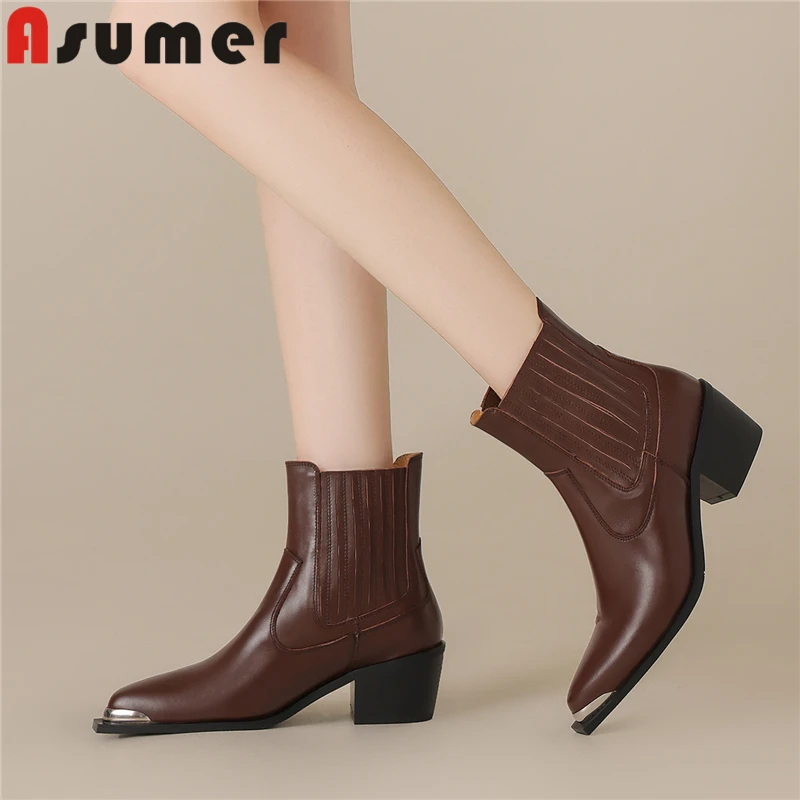

Asumer/2026, Новое поступление, ботинки из натуральной кожи, женские ботильоны на массивном каблуке с острым носком, черные, коричневые эластичные ботинки в стиле вестерн