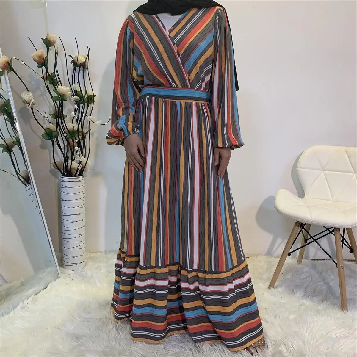 Colorful Striped Dress for Women Muslim Dubai Abaya Floral Print Elegance Islam Clothing Abayas for Women Kaftan Femme Musulman