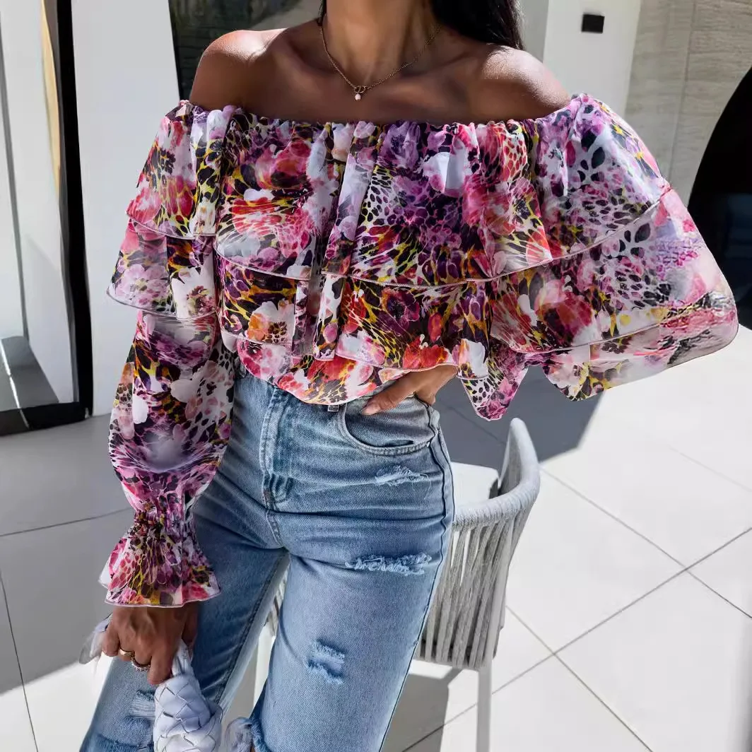 Women's Fashionable Long Sleeved One Neck Off Shoulder Layered Printed Shirt for Autumn 2024