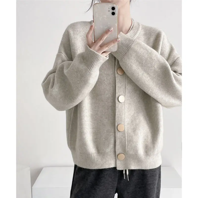 

Single-breasted Round Neck Knitted Cardigan for Women Commuting Solid Color Versatile Soft Glutinous Sweater Jacket Casual Top