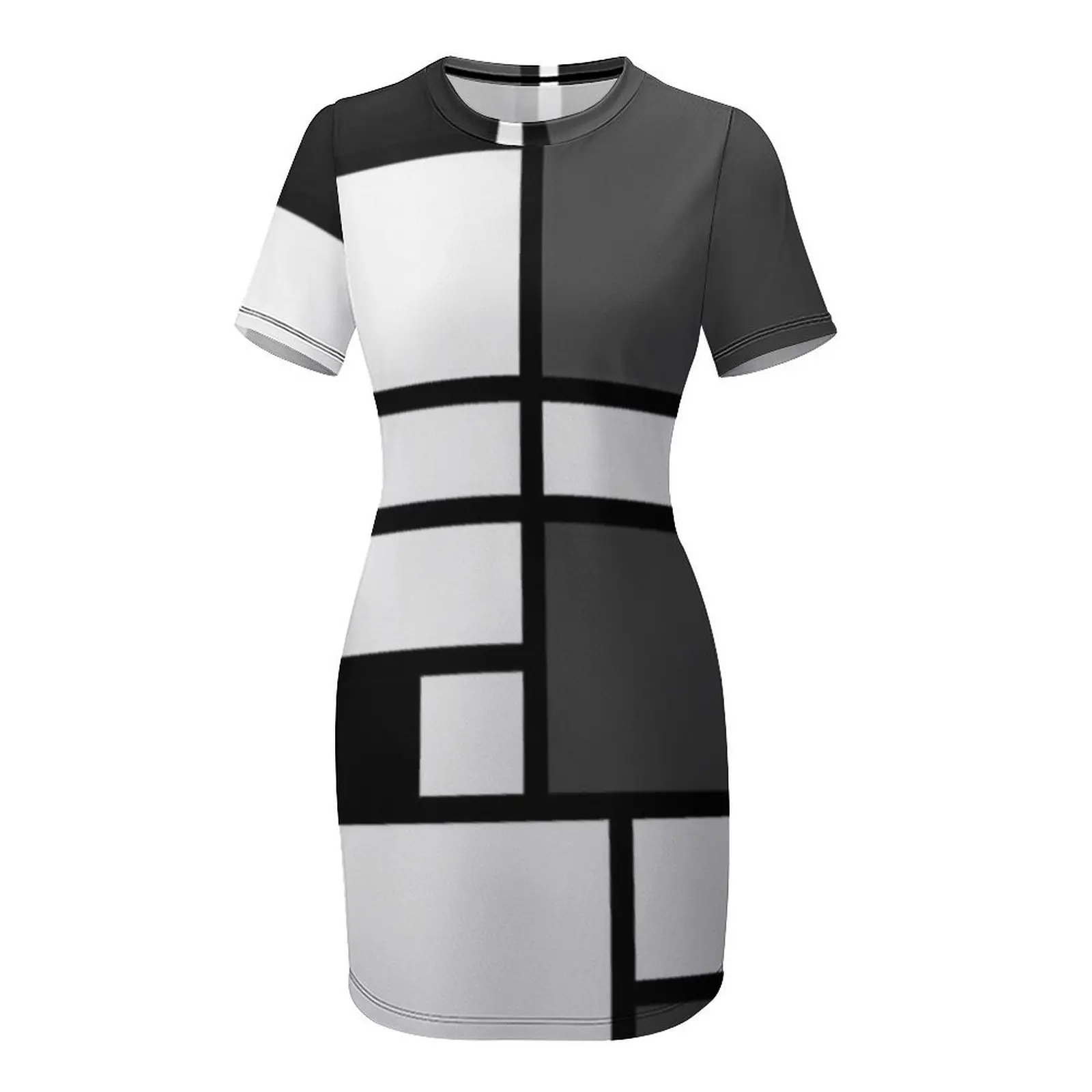 피에트 몬드리안 - 회색, 검정, 흰색의 구성, 반팔 드레스 여름 드레스 여성 2025 파티용 웨딩 드레스