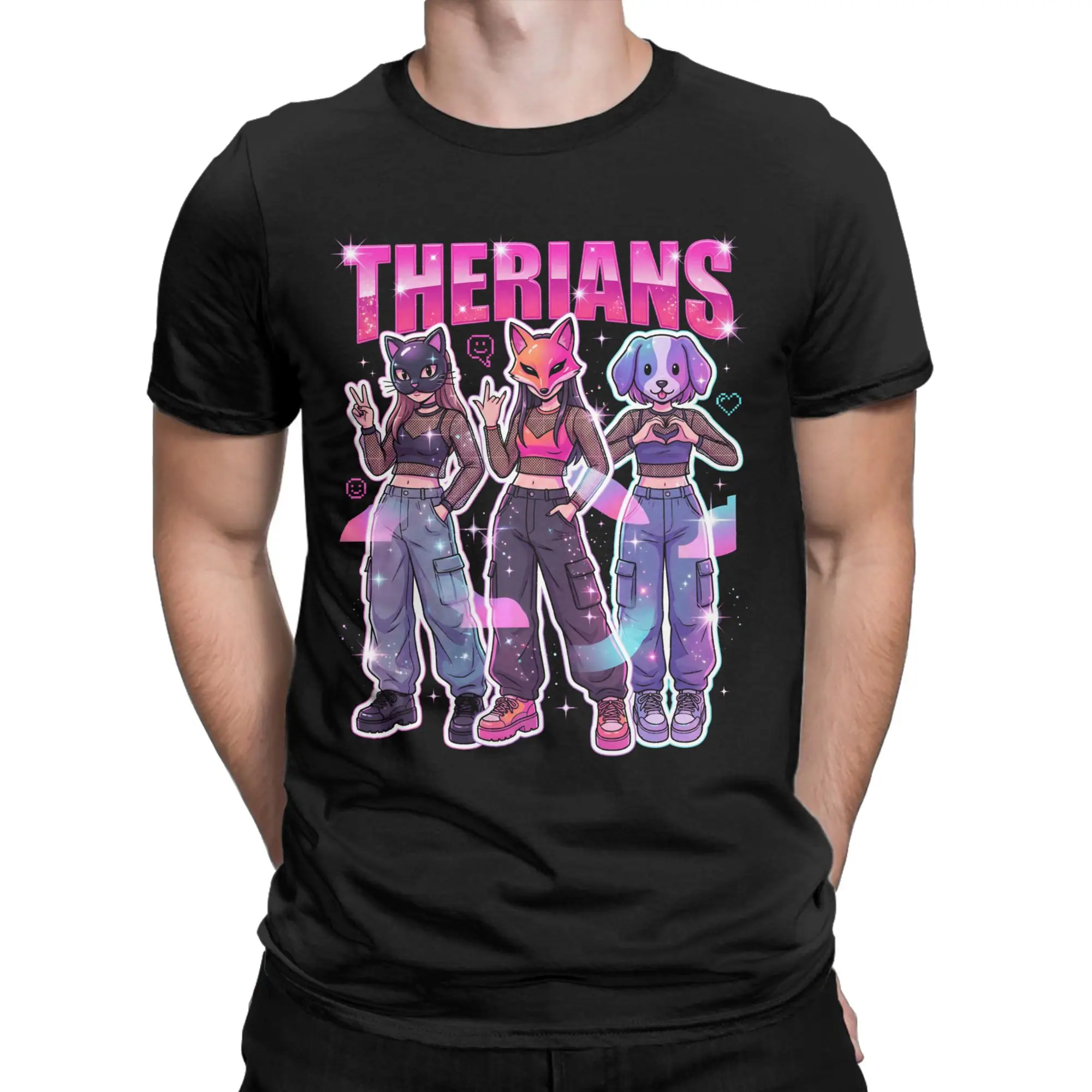 Men T-Shirt Therians Anime Girls Animal Masks Vaporwave Therian Cotton Tees Short Sleeve  T Shirt Crewneck Clothes Printed