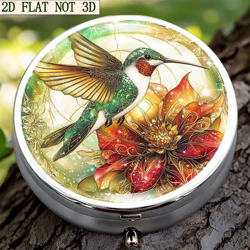Single-piece, flat, round three-compartment box, exquisite hummingbird and floral circular pattern design, portable travel case, bright and vibrant colors, can be used as a delicate gift or birthday present, made of metal