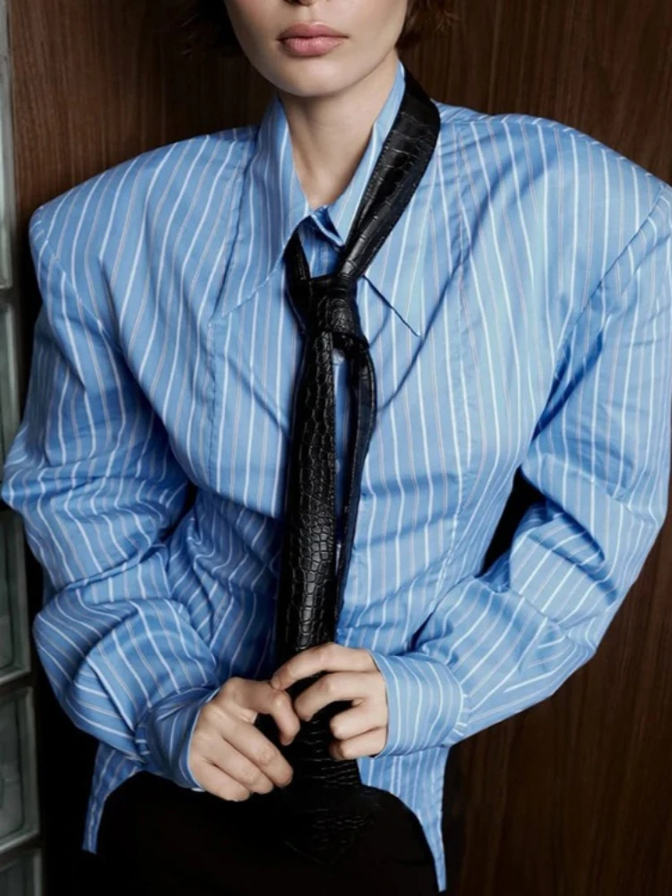 

Foamlina Blue Striped Print Lapel Collar Long Sleeve Shirt Women New Spring Button Down Asymmetrical Hem Black Tie Office Shirt