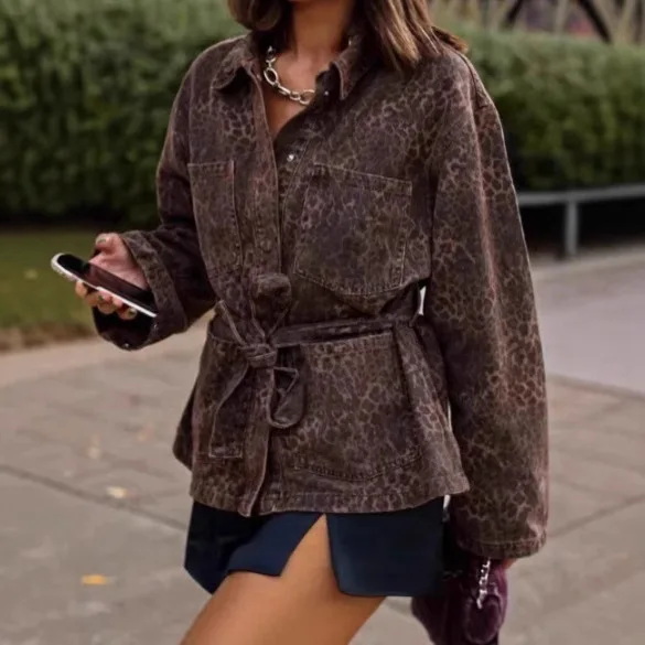 

Женские пальто с запахом, короткие куртки с карманами на шнуровке и леопардовым принтом, однобортный свободный крой, повседневный 2023, весна-осень