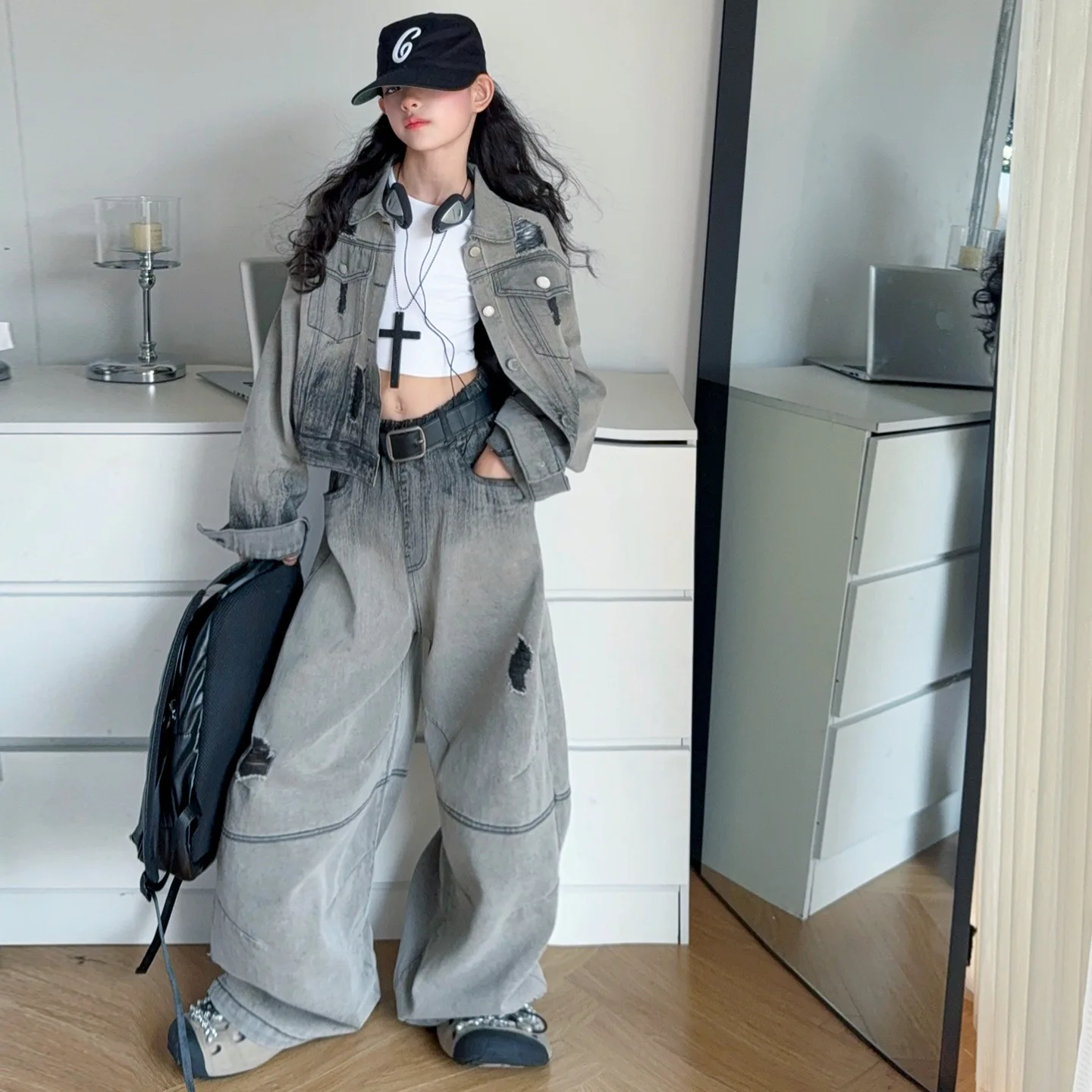 

Teen Girls Retro Cowboy Clothes Set Autumn Gradient Jacket+Wide Leg hole Jeans 2pcs Junior Kid Denim Pants Suit Child Outfits