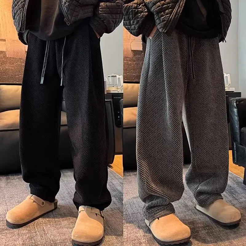 

Large size lazy style slanted striped trendy casual pants for men's fashionable loose draped wide-leg straight trousers