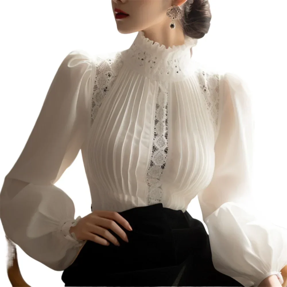 2025 Spring Ladies Patchwork Lace Hollow Out Long Sleeve Shirt Tops New Korean Fashion Women's Solid Color Stand Collar Blouses