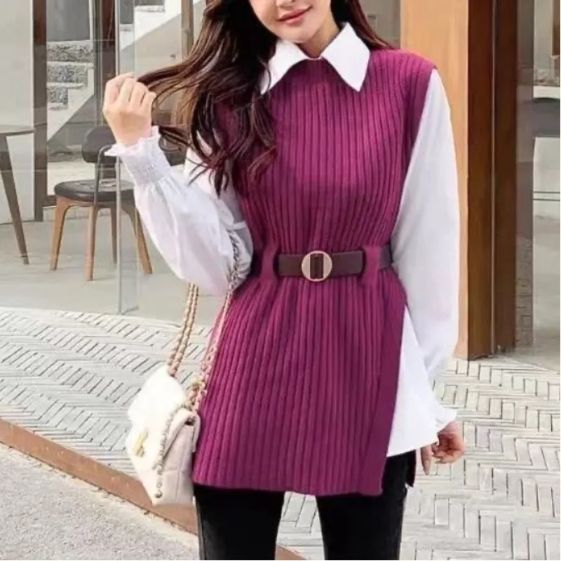 Autumn and Winter Women\'s Pullover Round Neck Patchwork Screw Thread Loose Solid Sweater Fashion Casual Sleeveless Vest