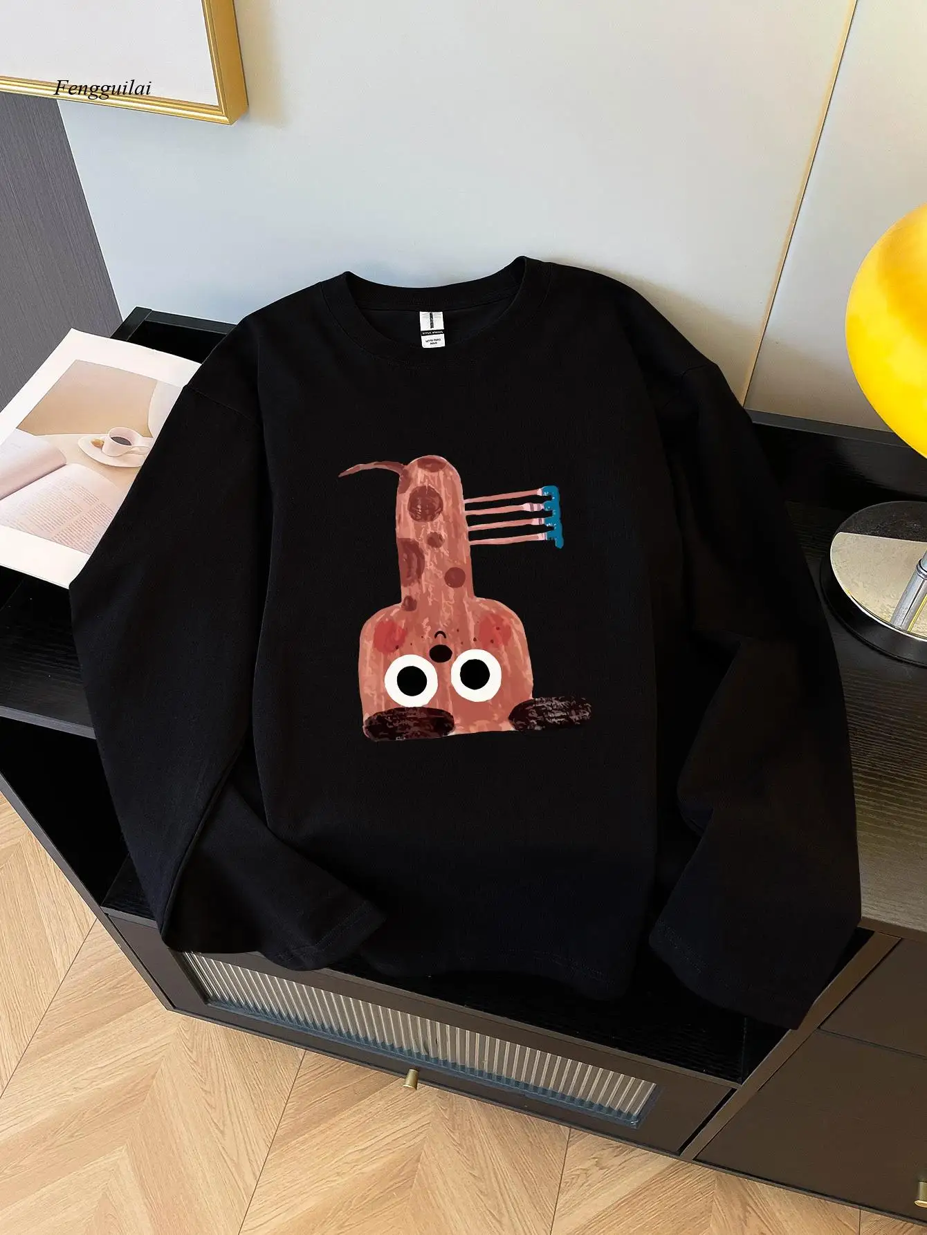 Funny Graphic Long Sleeve T-Shirt - Dark Brown with Expressive Eyes - Soft Everyday Casual Shirt for Autumn/Winter