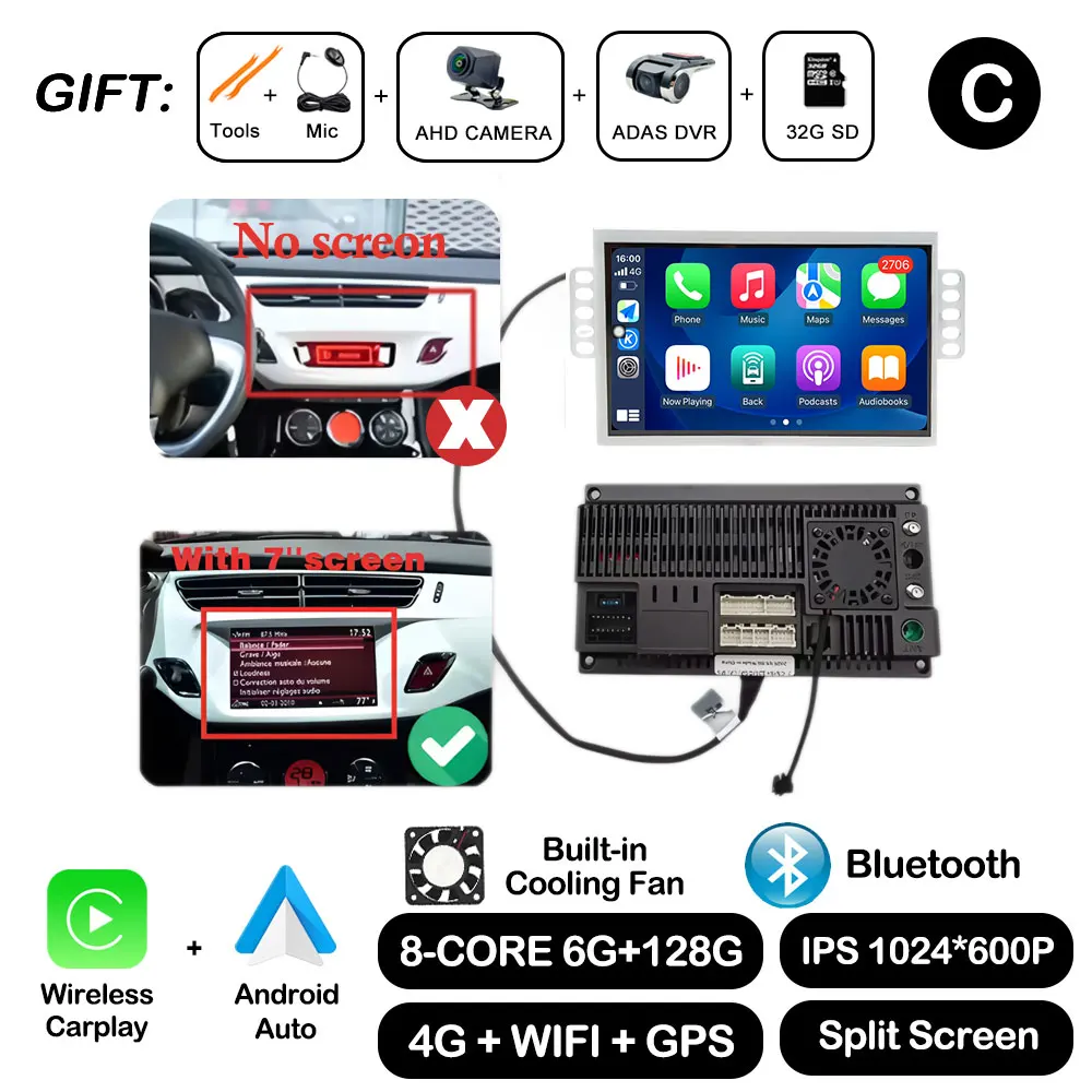 7 "Android Auto Voor Citroen C3 DS3 Autoradio Multimedia Speler Monitor Stereo Navigatie GPS BT Draadloze Carplay Touchscreen