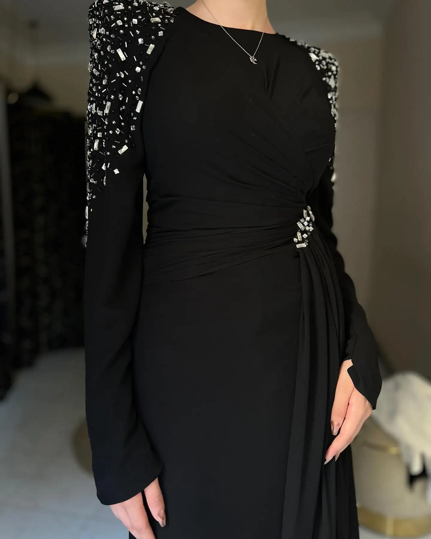 Aenyrst Elegant Black Beaded Prom Gown Women O-Neck Long Sleeve Evening Dress Floor Length Formal Occasion Gowns customized 2025 image 3