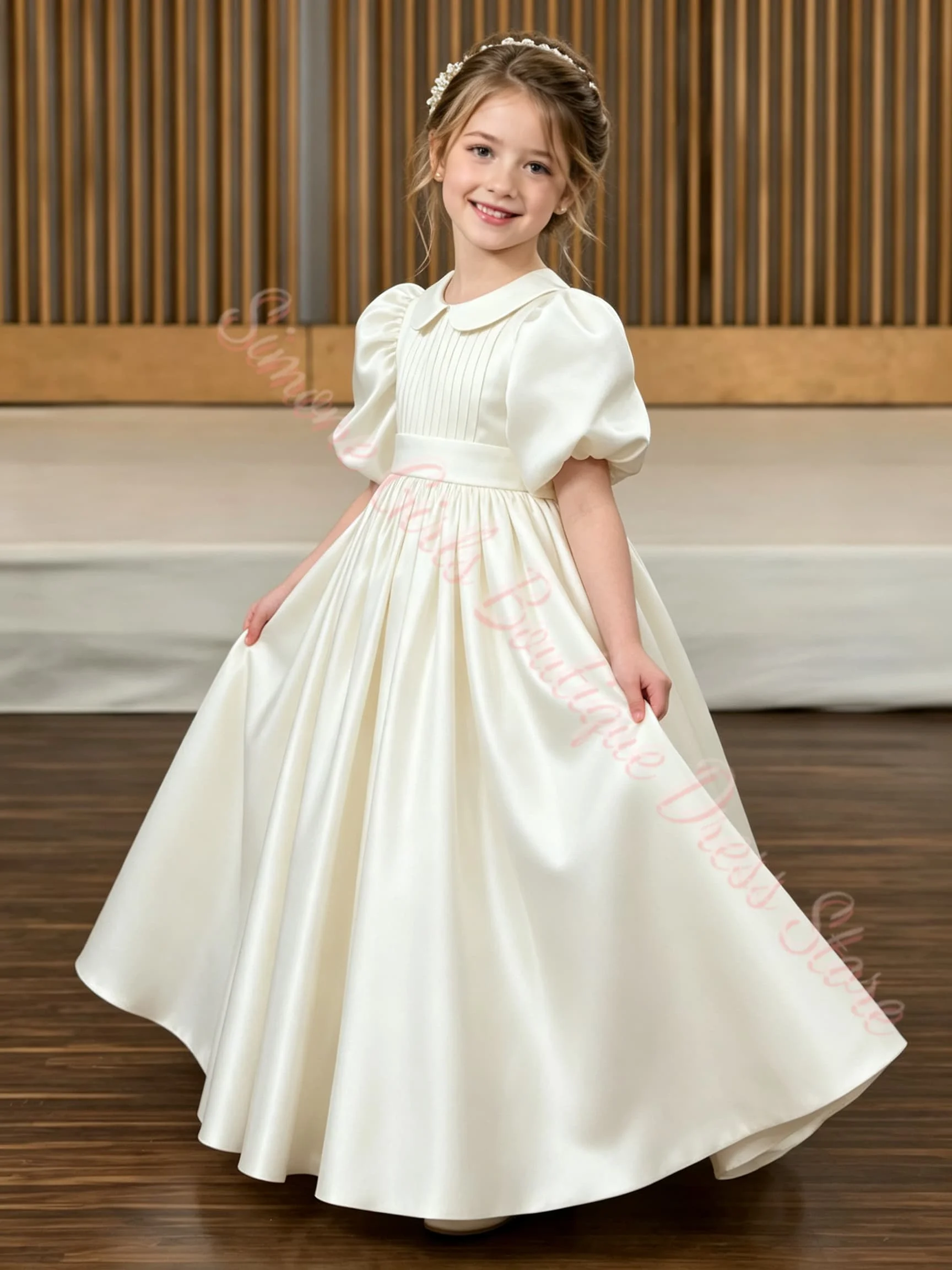 Maßgeschneidertes blaues Blumenmädchenkleid für Hochzeiten, plissiert, hohe Taille, halbe Ärmel, bauschiges Kleid für Kindergeburtstage, Erstkommunion. – Detail 3