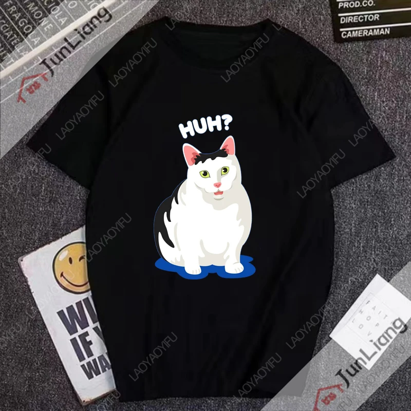 Huh Cat Meme Men's T-shirts Hip Hop Streetwear Cute Cats Humor Y2k Manga Women's T-shirt Short Sleeve Tee Funny Gifts Clothing
