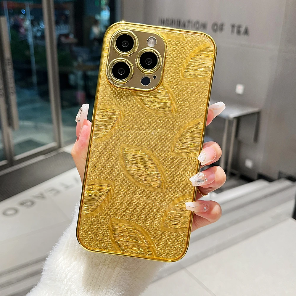 Luxury Gold Leaves Phone Case for iPhone 16 15 14 13 12 11 Pro Max Electroplated Shockproof Hard PC Back Cover