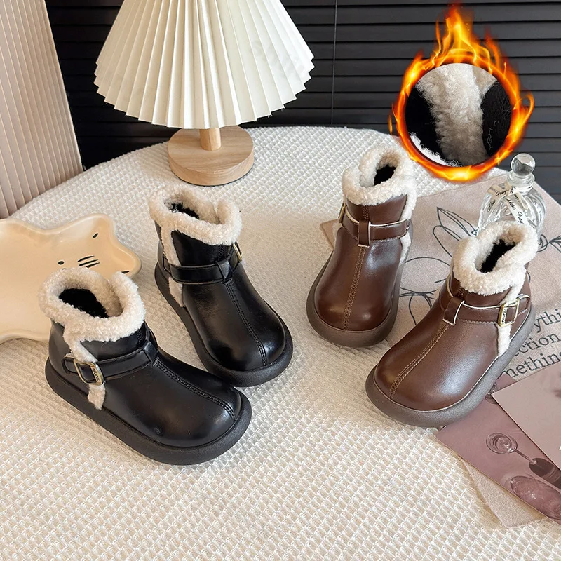 

Детские зимние ботинки, зима 2024, теплые плюшевые удобные нескользящие повседневные кожаные туфли на платформе с толстой подошвой, морозостойкие ботильоны