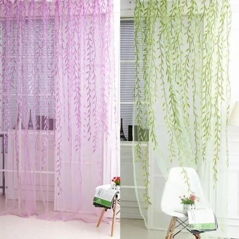 1Pair Willow Leaf Sheer Curtains Rustic Floral Window Drapes Printed Voile Curtains For Bedroom Living Room Home Decor