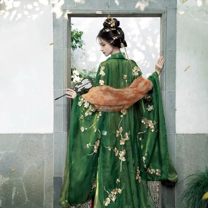 

Chinese Traditional Hanfu women's Tang Dynasty Green Embroidery Hanfu Dress Set Weijin Women Folk Dance Cosplay Clothing