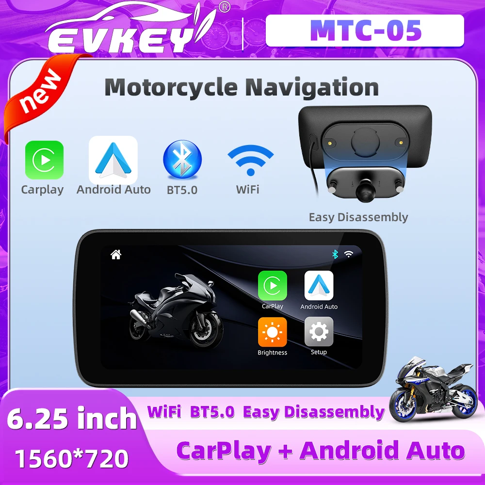 EVKEY Motorcycle GPS 6.25 inch WiFi MOTO Navigation Accessories Waterproof Carplay Display Screen Portable Android Auto