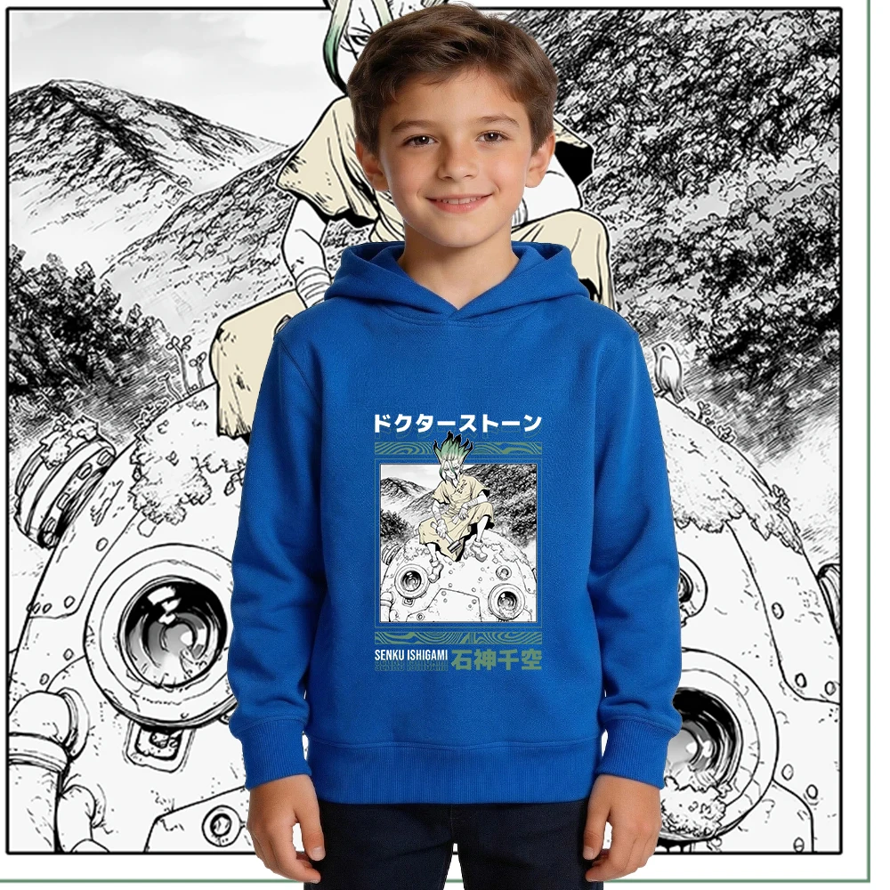 Dr Stone Senku Anime Print Boys Girls Fleece Hoodie Kids Autumn Winter Warm Pullover Sweatshirt