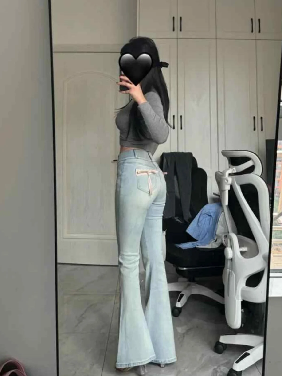 

Джинсы с высокой талией, эластичные, утягивающие, с кружевными вставками, расклешенные, удлиненные, повседневные, из хлопка