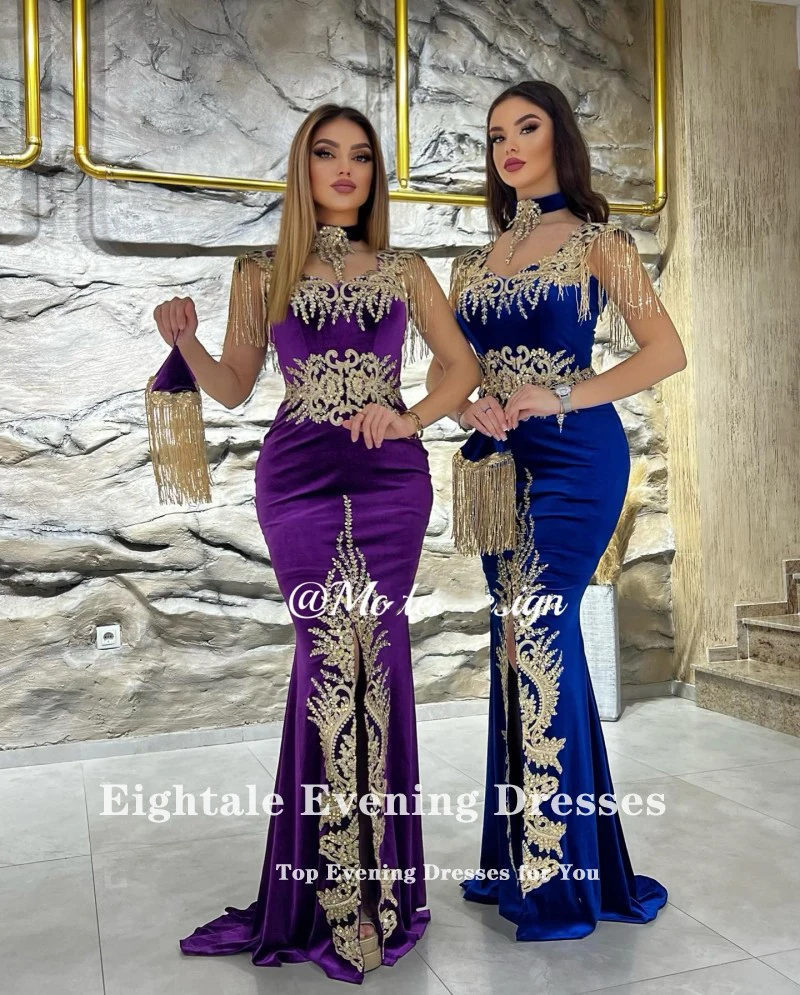 Eightale Karakou Algerien Arabic Evening Dresses High Neck Appliues Gold Lace Mermaid Prom Gown Customized Caftan Party Gowns