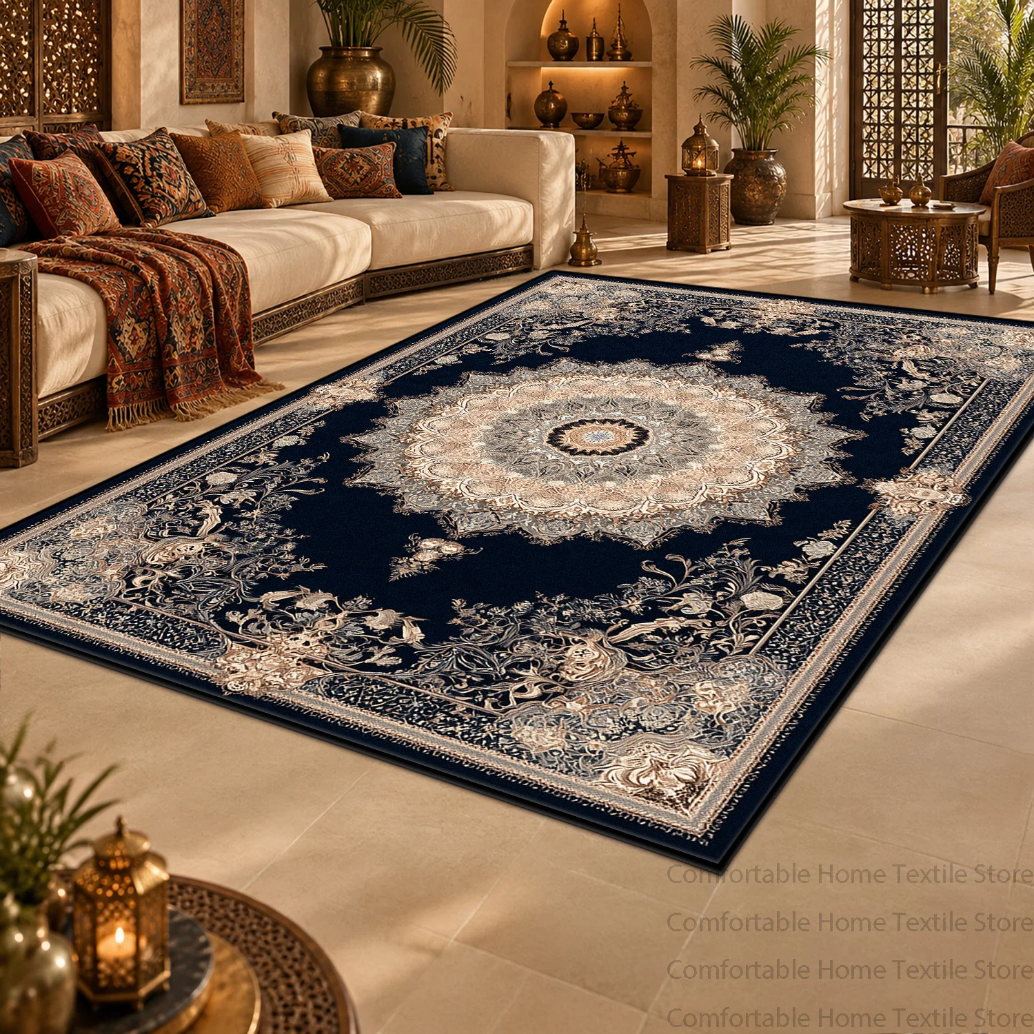 Navy Blue Traditional Ethnic Large Rug Non-slip Washable Persian Carpet for Decor Living Room Soft Stain Resistant Floor Mat
