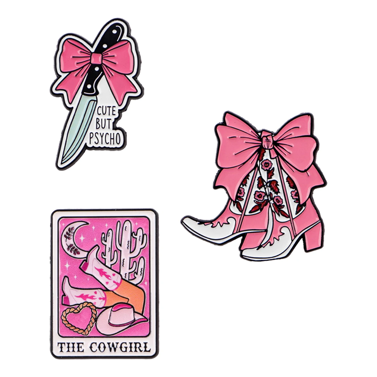 Bottes de cowboy avec nœud en émail, broches à revers pour sacs à dos, broches de couteau «CUT BUT PSYCHO» pour femmes, accessoires de bijoux à la mode, cadeaux