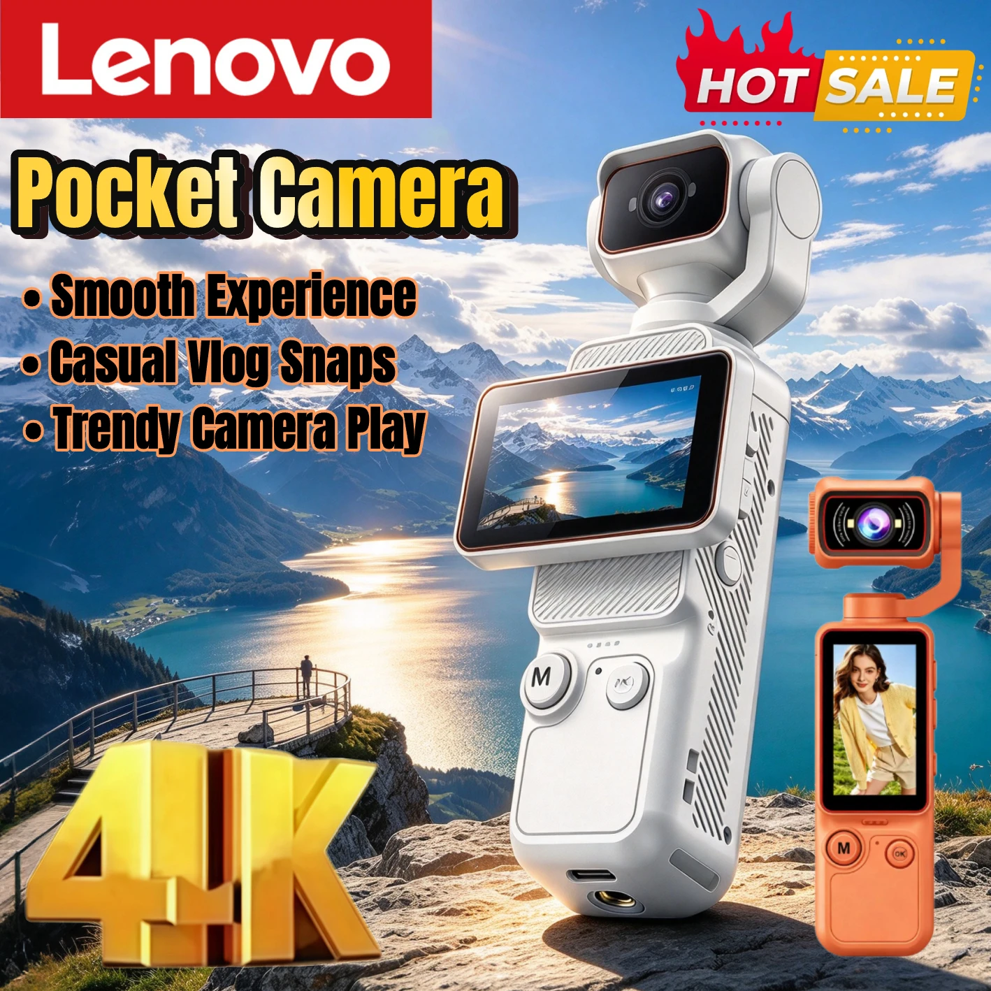 Lenovo 4K Handheld Pocket Action Camera With HD Rotating Screen Image Stabilization Photo Video Recording Wi-Fi Transfer