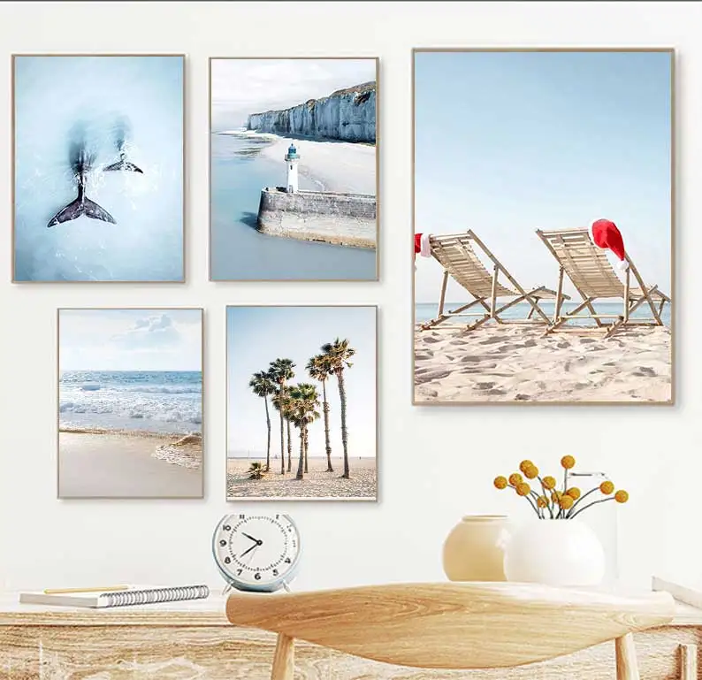 Nordic ocean blue landscape painting seaside beach chair lighthouse tail whale poster house bedroom background wall decoration