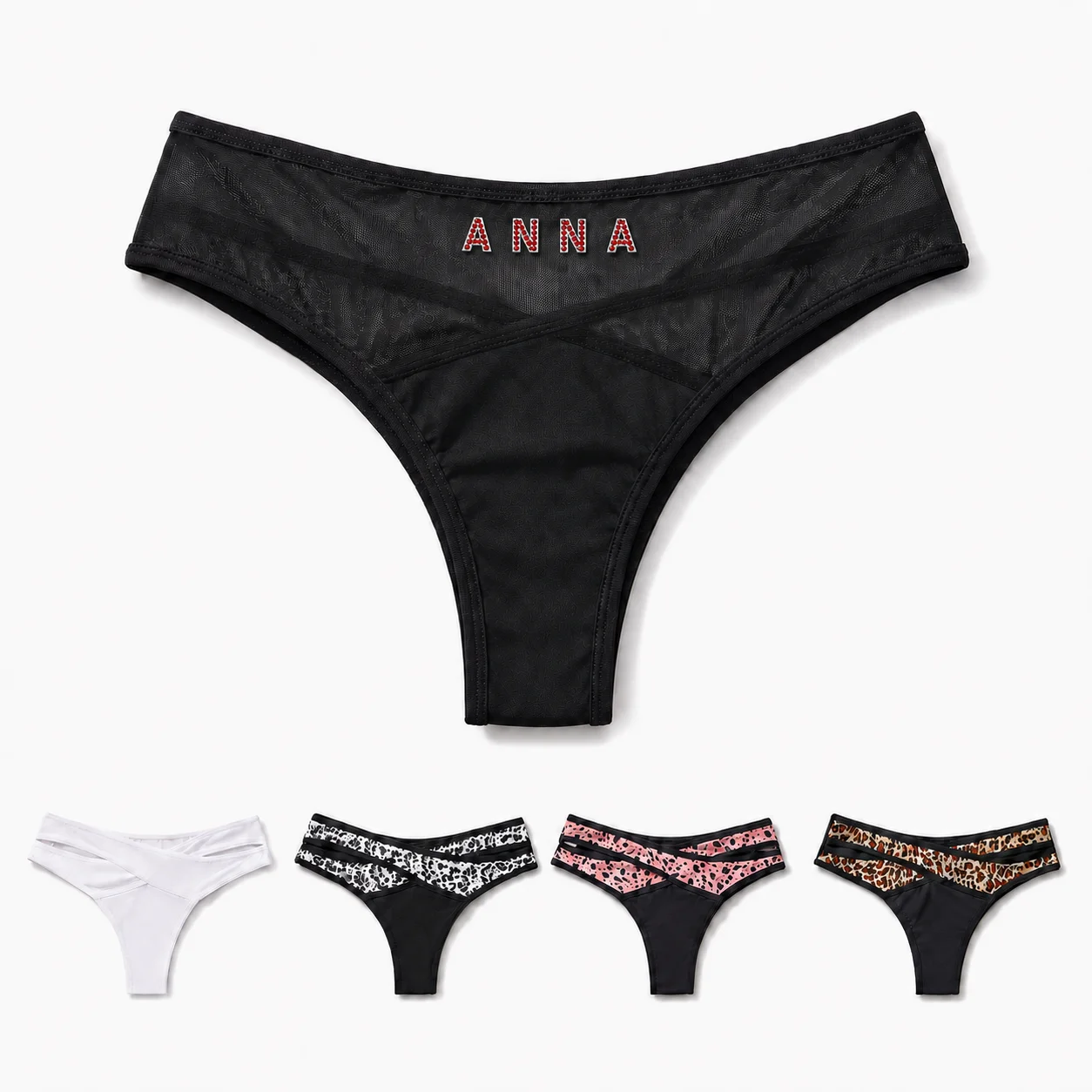 1PC Women Thong Panties Custom Name Letters 3D Rhinestone Back Waistband Leopard Mesh Underwear