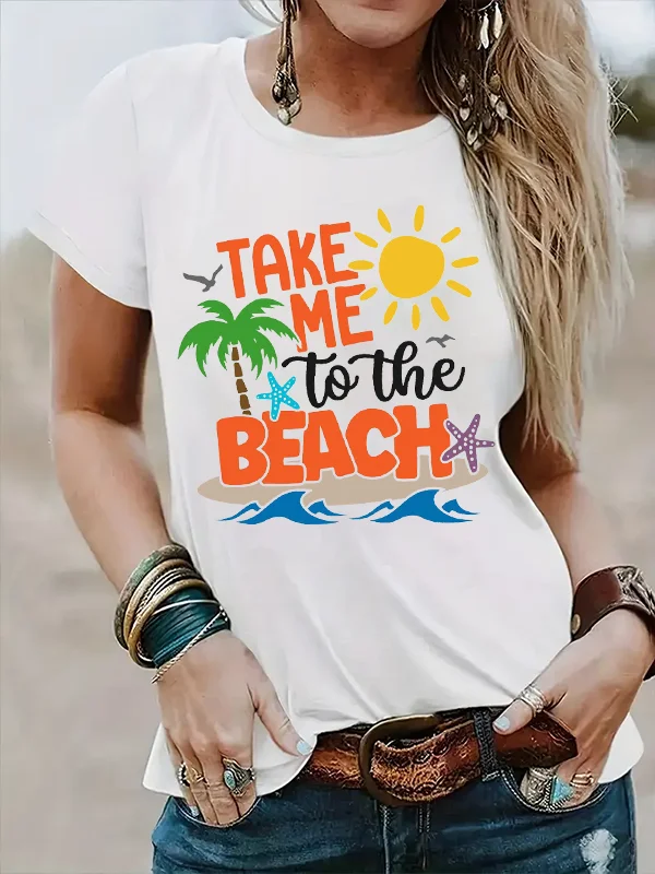 

Watercolour Sunshine Beach Seagull Coconut Palm Print Women T-shirt Take Me To The Beach Slogan Summer Holiday Female Shirt