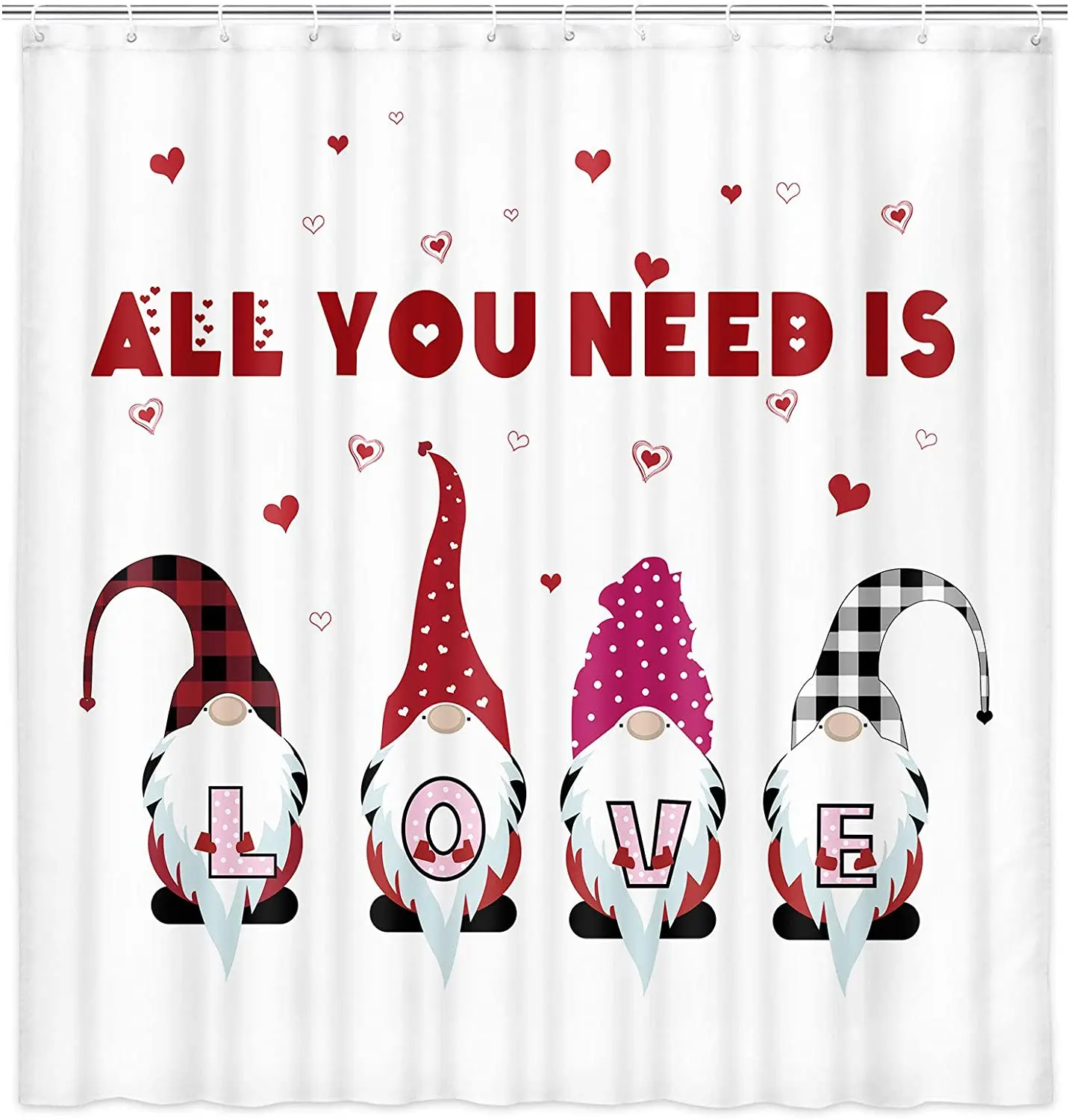 Happy Valentine's Day Shower Curtain Cute Gnome with Red Heart All You Need Love Bathroom Valentines Fabric Curtains with Hooks