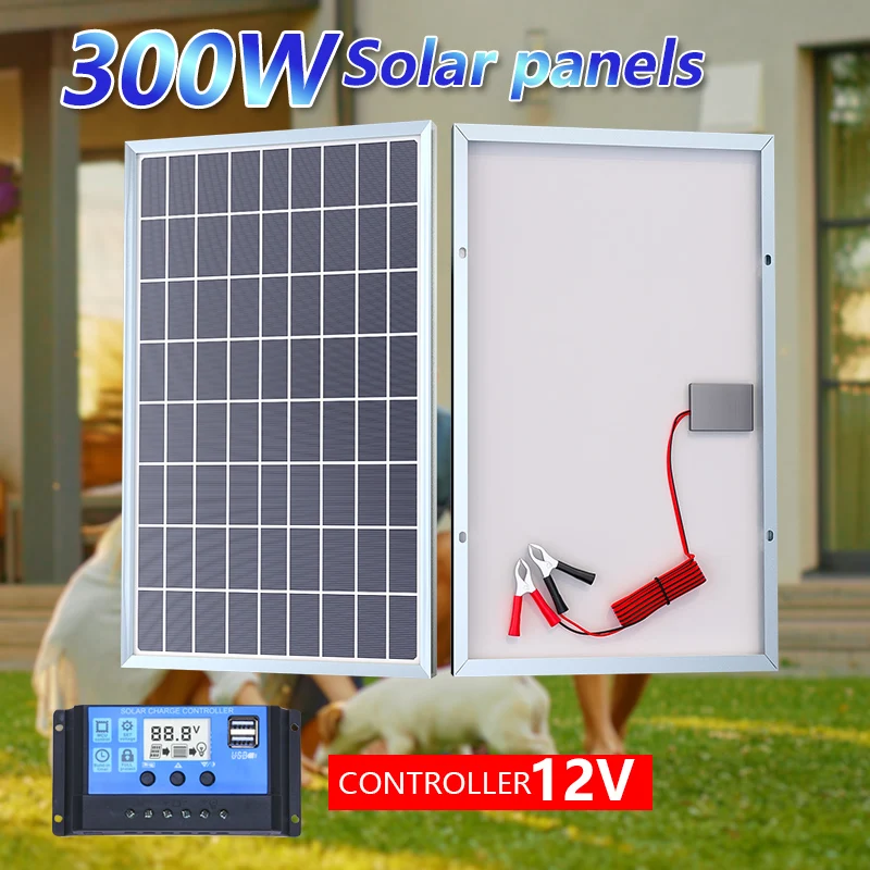 

12V Solar Panel Kit Complete 300W Capacity Polycrystalline USB Power Portable Outdoor Rechargeable Solar Cell Generator for Home