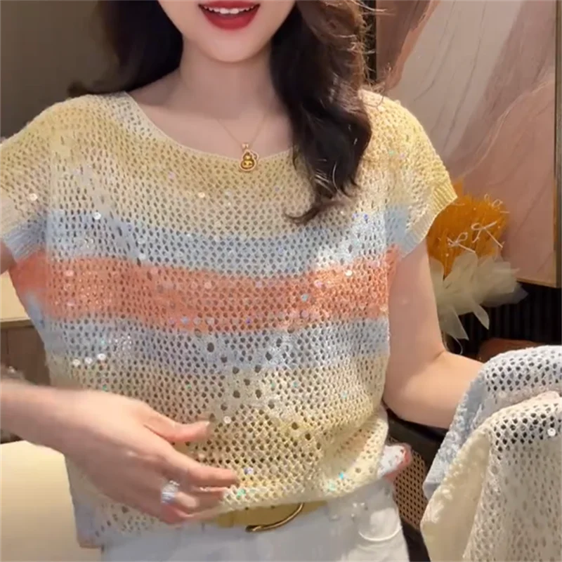 

Trend O-neck Sequins T-shirts Women Knit Tops Hollow-out Short-sleeve Knit Tops Summer Tees Women Clothes Y2k Tshirt Loose