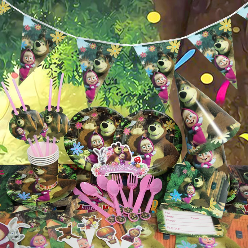 Mashass und Bär Geburtstag Party Dekoration Hintergrund Banner für Kinder Aluminiumfolie Latex Ballon Einweggeschirr Geschenk – Detail 3