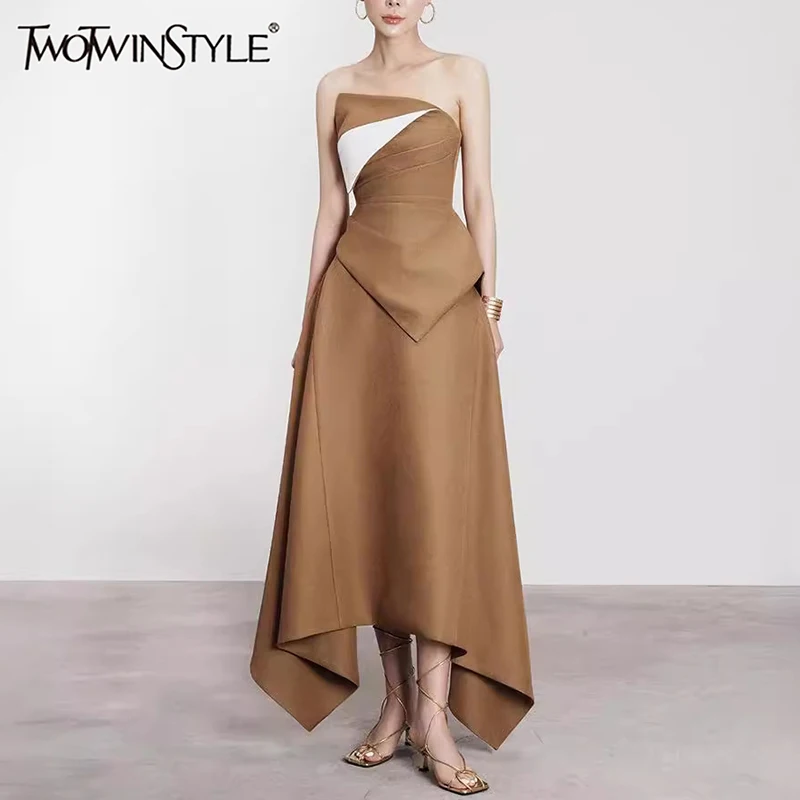 TWOTWINSTYLE Minimalist Two Piece Set For Women Strapless Tunic Slimming Top High Waist A Line Skirt Formal Sets Female Fashion