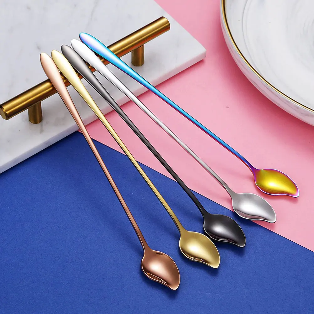 

5pcs Stainless Steel Mixing Spoon Long H led Serving Kitchen Spoons Ice Cream Dessert Scoops Home Office Use