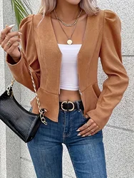 Women's Fashion V-neck Slim Fit Top Folded Long Sleeve Access Zipper Cardigan Short Jacket