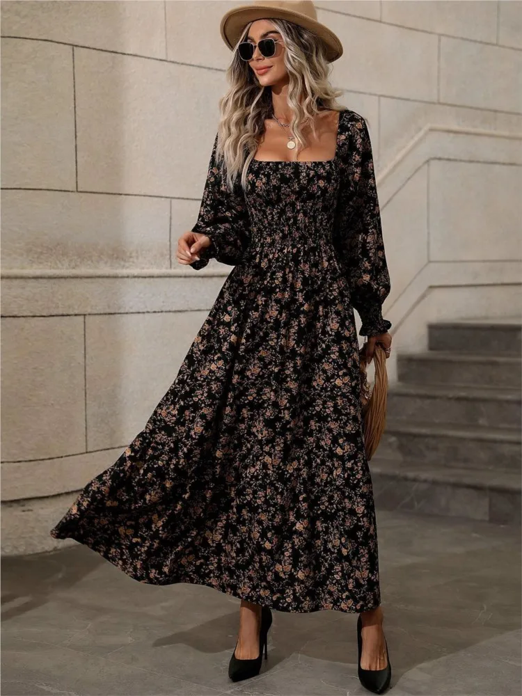 Women Autumn Fashion Floral Print Dress Spring Long Sleeve A-Line Backless Big Hem Lady Dresses Boho Elegant Beach Holiday Dress